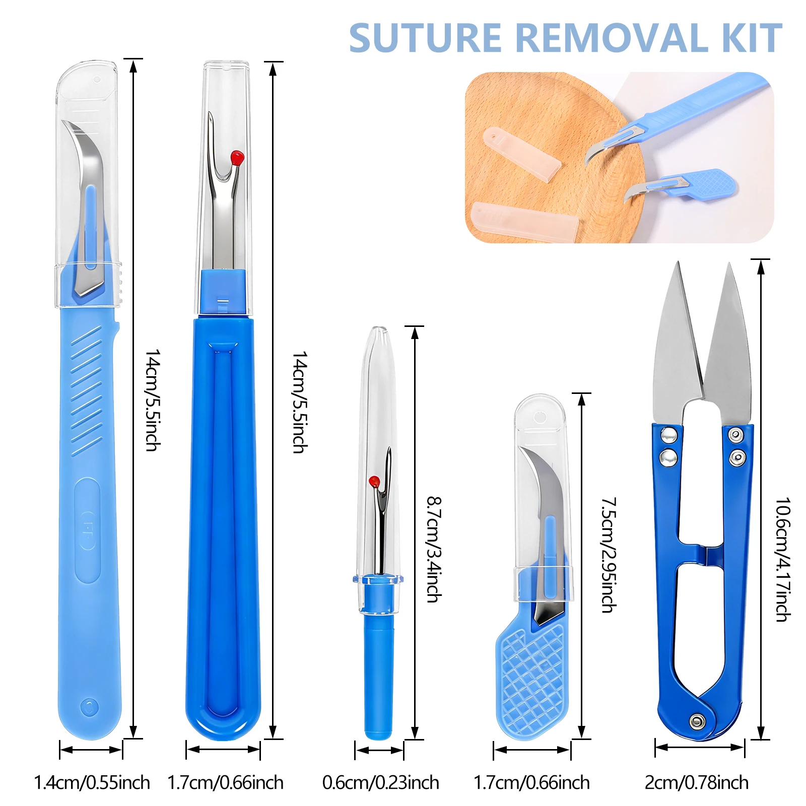 Sewing Kit - ชุดเครื่องมือฉีกไหมเย็บผ้าสีน้ำเงิน 5 ชิ้น ประกอบด้วยเครื่องฉีดไหมเย็บผ้า เครื่องฉีดไหมเย็บแผล และกรรไกรสำหรับถอดไหมเย็บ