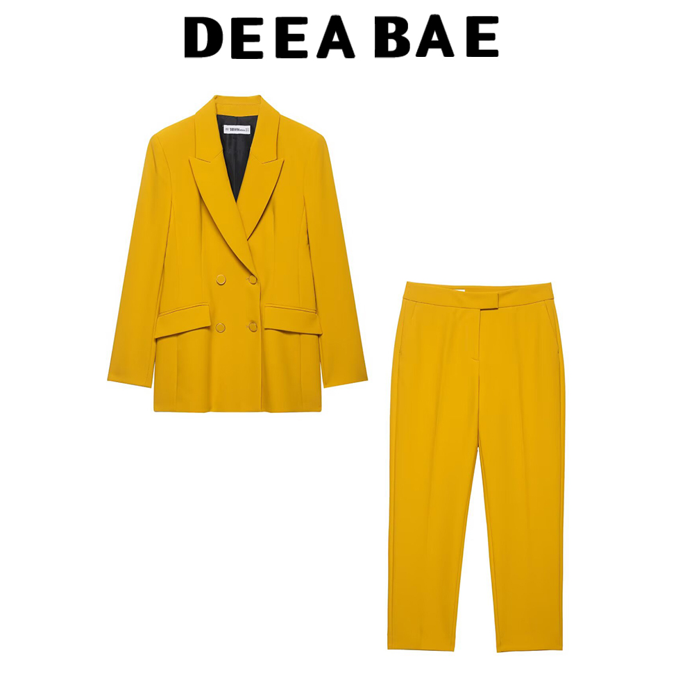 Shoulder Pad Set In - ชุดสูทแขนยาว DEEABAE พร้อมแผ่นรองไหล่ เสื้อสูทกระดุมสองแถว กางเกงทรงเข้ารูปเอวสูง