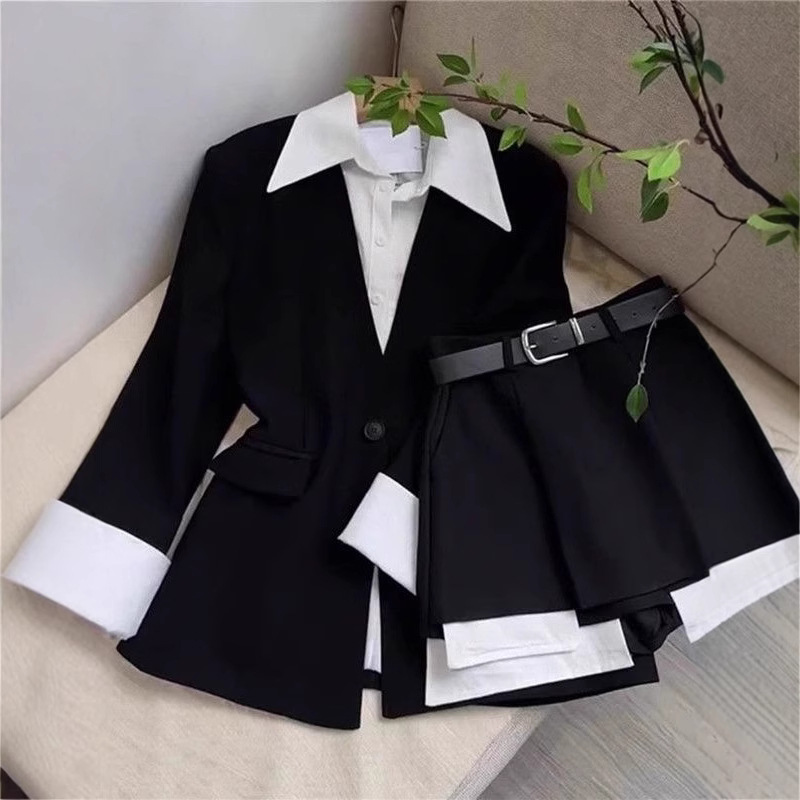 Sewing Jackets - ชุดเซ็ตกระโปรงสองชิ้นสำหรับผู้หญิง เสื้อเบลเซอร์ติดกระดุม แขนยาว กระโปรงสั้นเอวสูง ชุดสูทสไตล์หรูหราสำหรับสุภาพสตรีทำงาน ฤดูใบไม้ผลิ