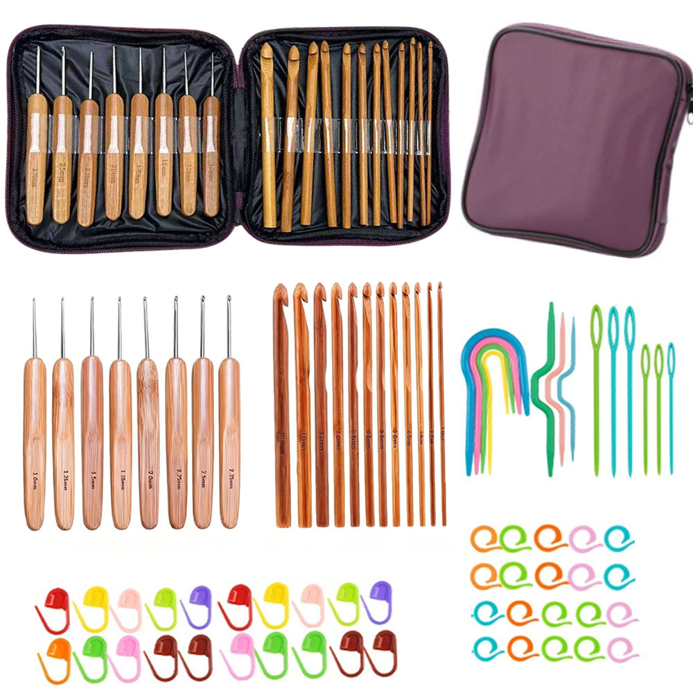 Sewing Kit - ชุดเข็มโครเชต์ไม้ไผ่ 74 ชิ้น พร้อมอุปกรณ์ถักไหมพรม เย็บปักถักร้อย พร้อมกระเป๋าเก็บแบบพกพา
