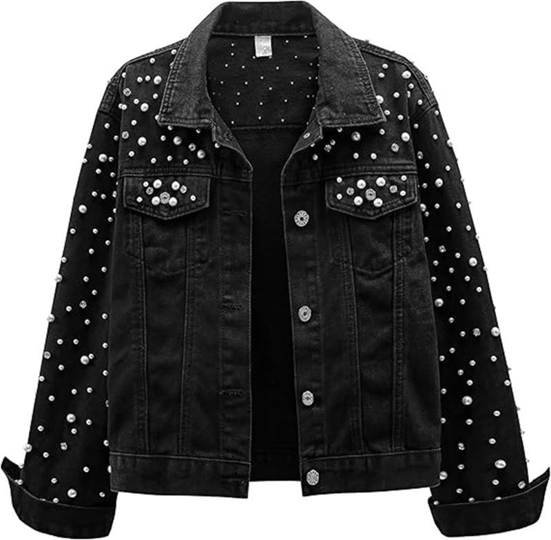 Sewing Jackets - แจ็คเก็ตยีนส์ New Pearl สำหรับผู้หญิงในฤดูใบไม้ผลิและฤดูใบไม้ร่วง แจ็คเก็ตยีนส์แขนยาวทรงหลวมสไตล์ลำลองประดับคริสตัลสำหรับผู้หญิง