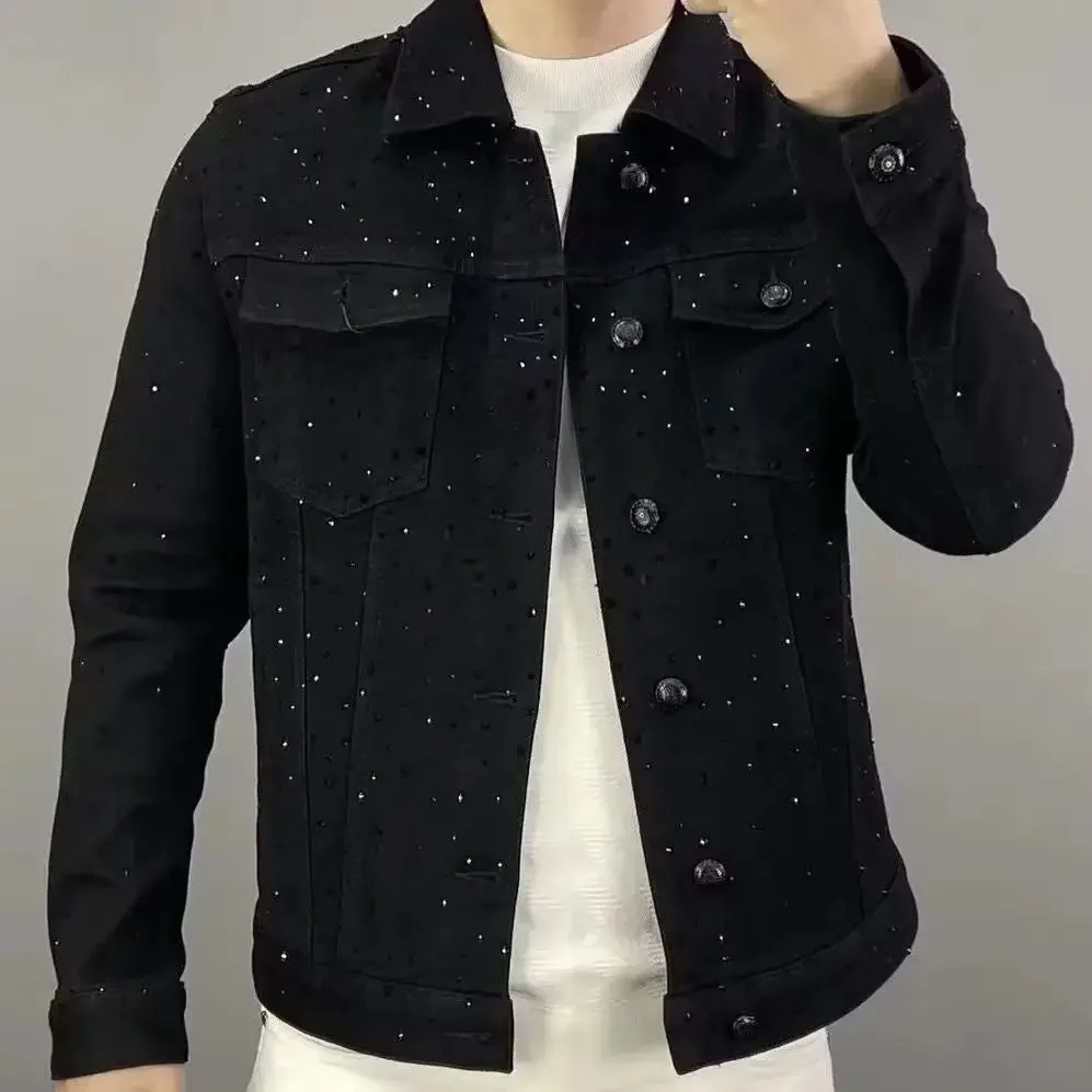 Sewing Jackets - กางเกงยีนส์สําหรับชายปุ่ม Casual Slim สั้น DENIM แจ็คเก็ต