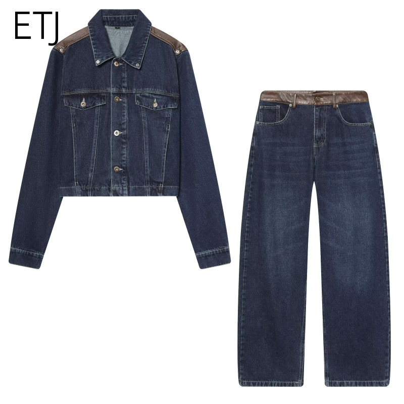 Sewing Jackets - ชุดแจ็คเก็ตยีนส์และกางเกงยีนส์ผู้หญิง ETJ แต่งหนังแบบครอป ทรงโอเวอร์ไซส์ กางเกงขายาวทรงกว้าง แฟชั่นปี