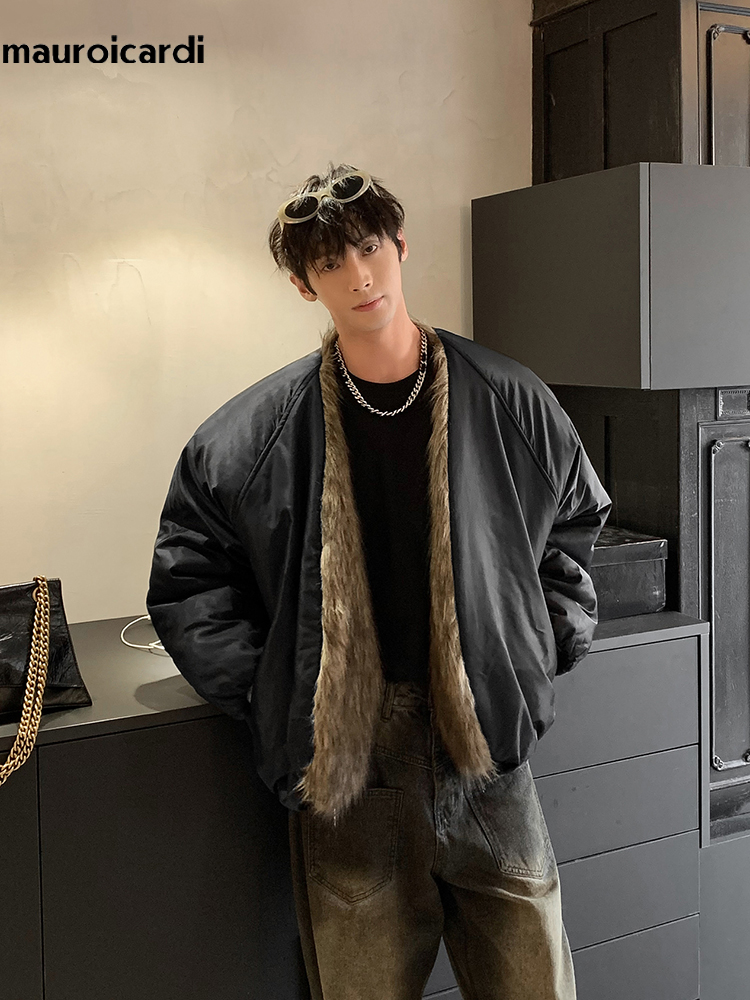 Sewing Jackets - Mauroicardi เสื้อคลุมขนสัตว์ขนหนาแบบกลับด้านได้สำหรับผู้ชายแจ็คเก็ตขนฟู2024สำหรับฤดูหนาว
