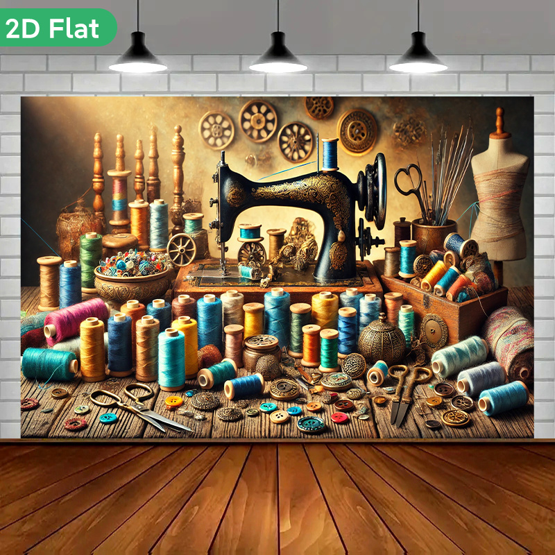 Vintage Sewing Textile - งานศิลปะตกแต่งผนังสไตล์วินเทจเรโทร ลายเครื่องจักรเย็บผ้าสตีมพังค์ ตกแต่งห้องด้วยผ้าและม้วนด้าย