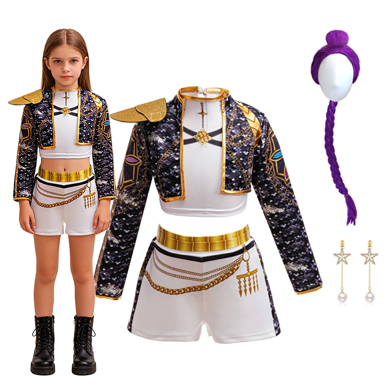 Sewing Jackets - ชุดเสื้อแจ็คเก็ตครอปพิมพ์ลาย 3D สีทองพร้อมกางเกงขาสั้นสีขาวสำหรับสาวๆ สไตล์ฮิปฮอป พร้อมวิกผม ต่างหู