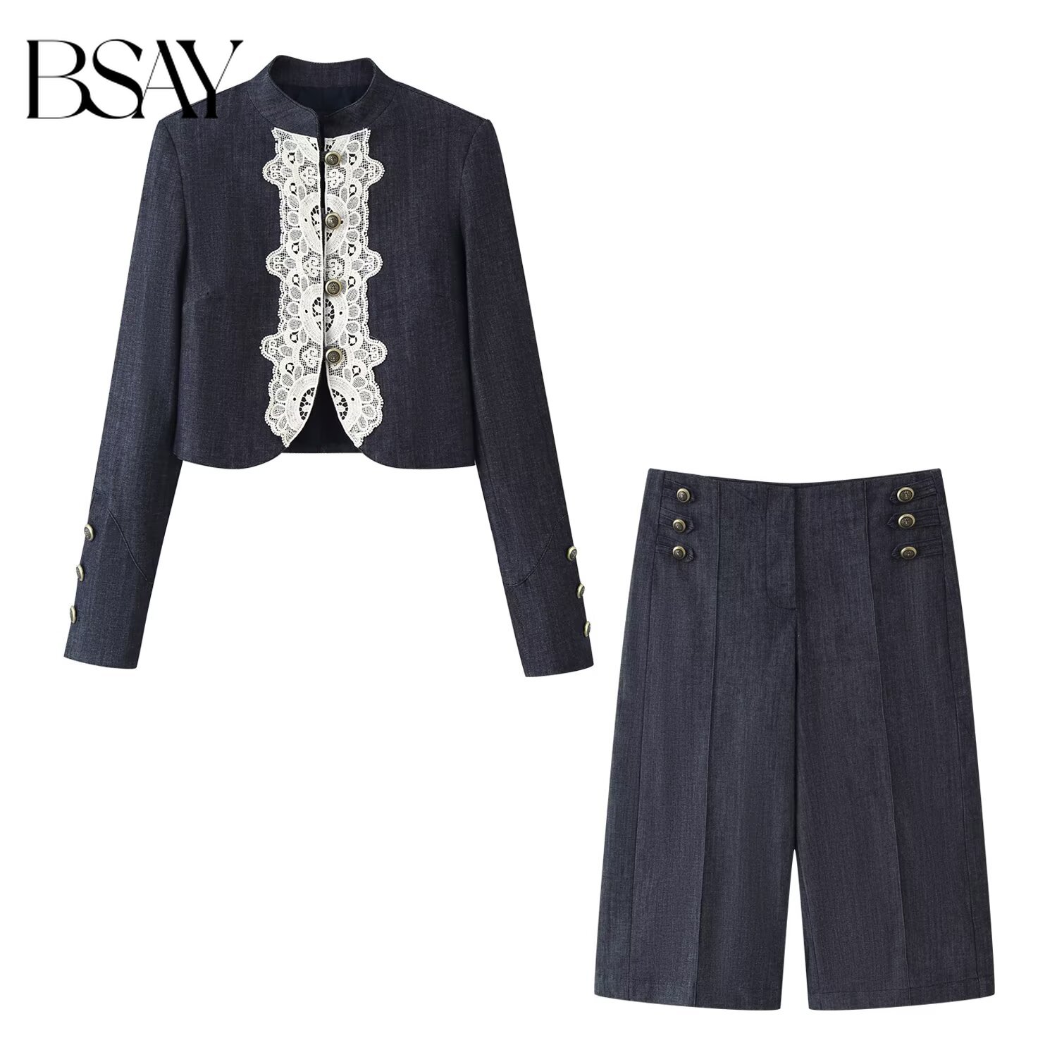 Sewing Jackets - ชุดเซ็ตสองชิ้น BSAY 2026 สำหรับผู้หญิง: เสื้อแจ็คเก็ตครอปคอจีนแต่งลูกไม้พร้อมกระดุมตกแต่ง และกางเกงขาสั้นเอวสูงทรงขากว้าง