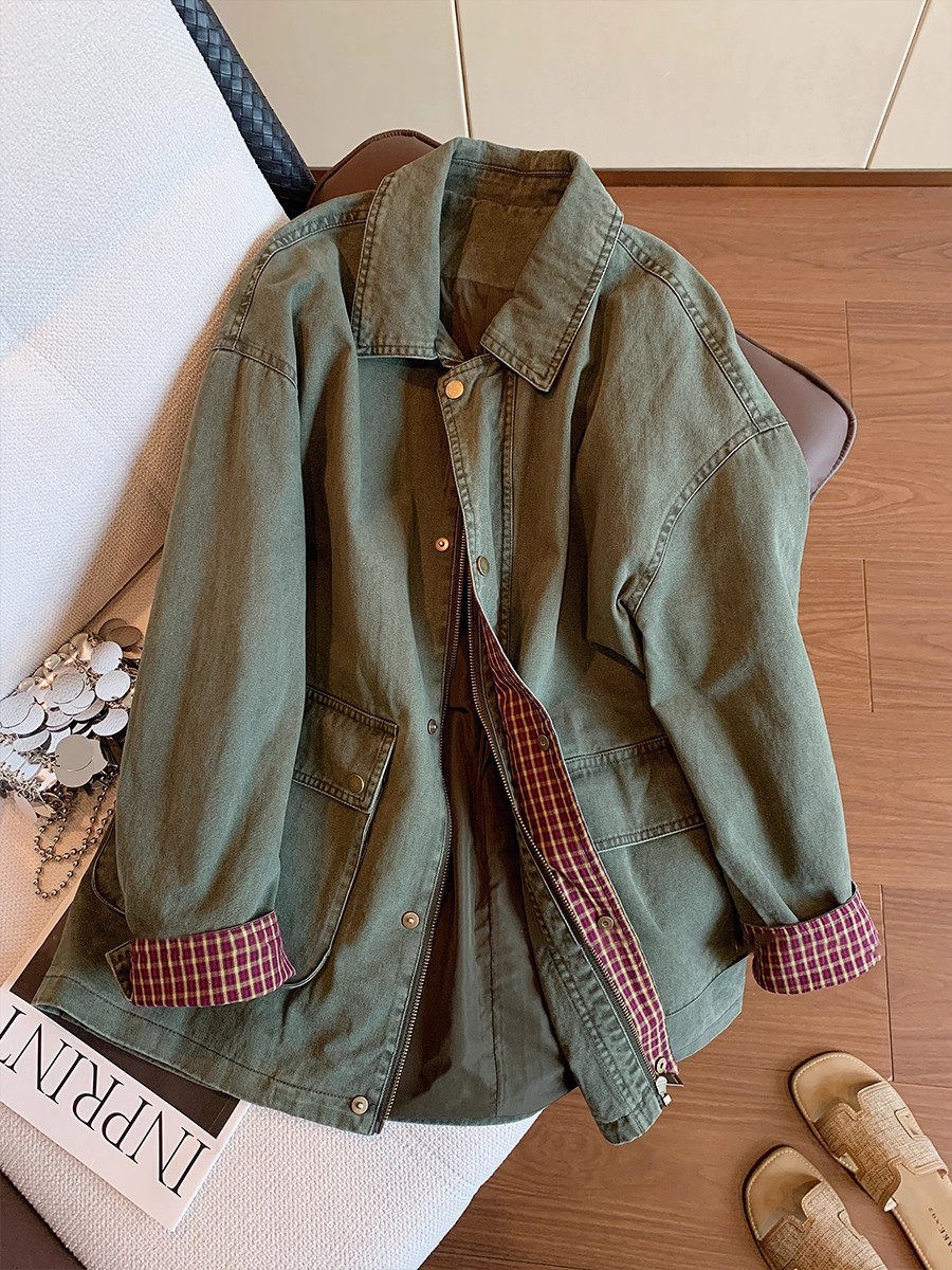 แจ็คเก็ตยีนส์สีเขียวทหารสไตล์ว - Sewing Jackets บทวิจารณ์และราคา